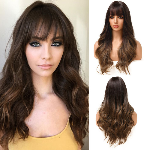 Amazon's best-selling style air bangs big wavy long curly hair gradient brown black brown multi-color European and American wig for women