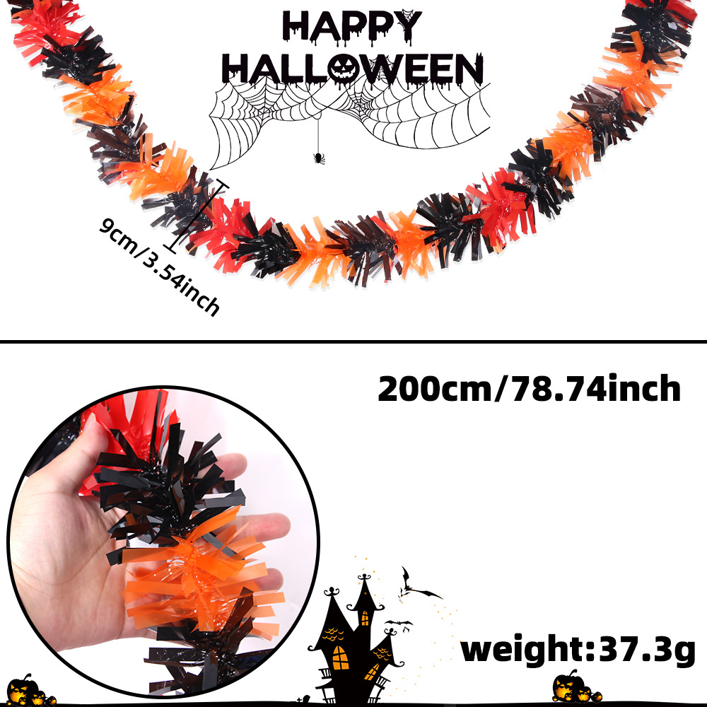 Guirnalda de oropel de 2 metros de largo para decoración del hogar, patio o festival de fantasmas, con rayas naranjas, moradas y negras, adorno colgante de geranio artificial para bricolaje.