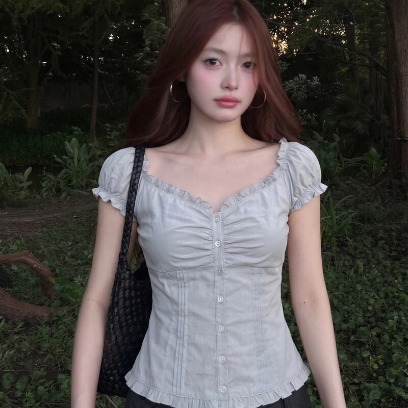 French-style ruffled square-neck puff-sleeve short-sleeve T-shirt for women, summer elegant slim-fit cropped top with a cinched waist