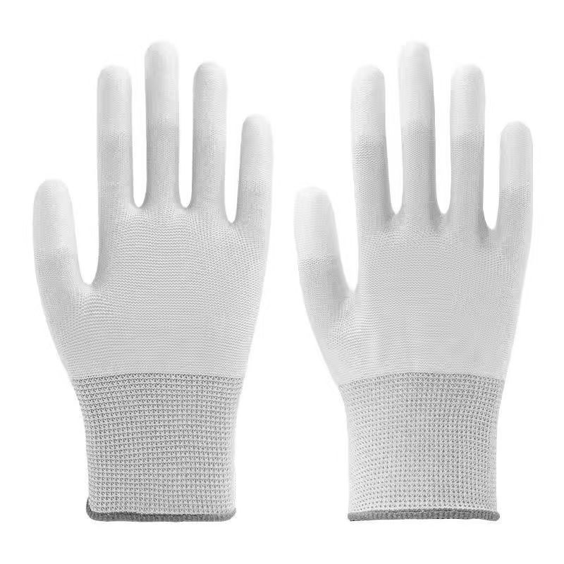 PU guantes de dedo de palma al por mayor blancos sin polvo guantes antiestáticos para trabajo seco guantes de protección laboral de nylon resistentes al desgaste