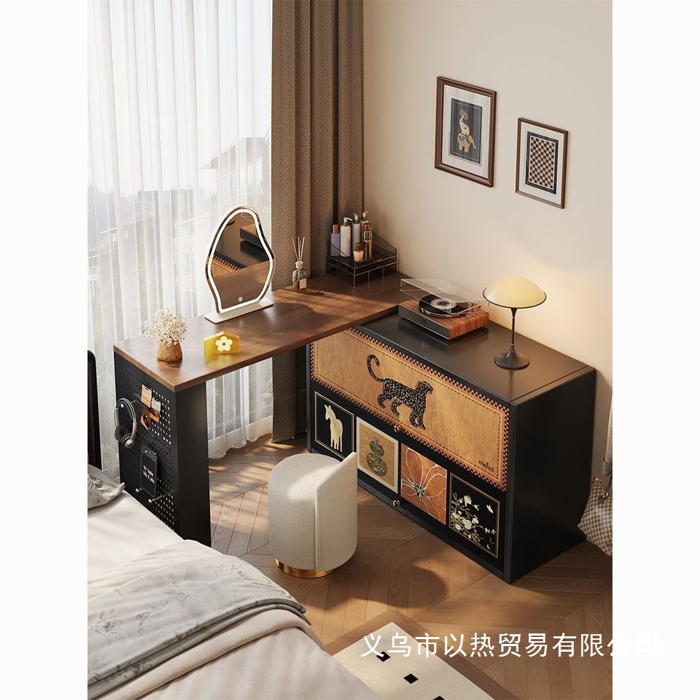 High Carbon Steel Mid-Century Style Aesthetic Dressing Table and Cupboard Integrated Retro Bedroom Bedside Iron Art Dressing Table Storage Cabinet
