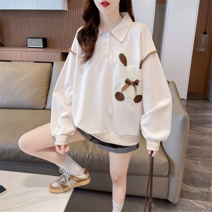Waffle bordado suéter para las mujeres 2023 otoño y el invierno Nuevo flojo adelgaza lindo pequeño jersey de cuello POLO top