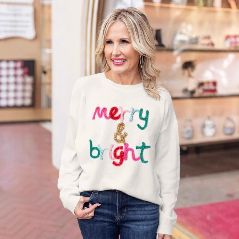 Autumn 2024 New Long-sleeved Pullover Women's European and American Casual All-match Letter Printing Christmas Hand Embroidered Autumn 2024 New Long-sleeved Pullover Women's European and American Casual All-match Letter Printing Christmas Hand Embroidered
