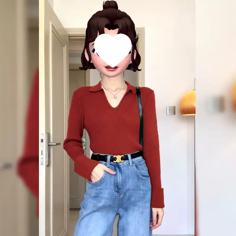 红色polo领打底衫女秋冬高级感2024新款毛衣内搭修身辣妹针织上衣