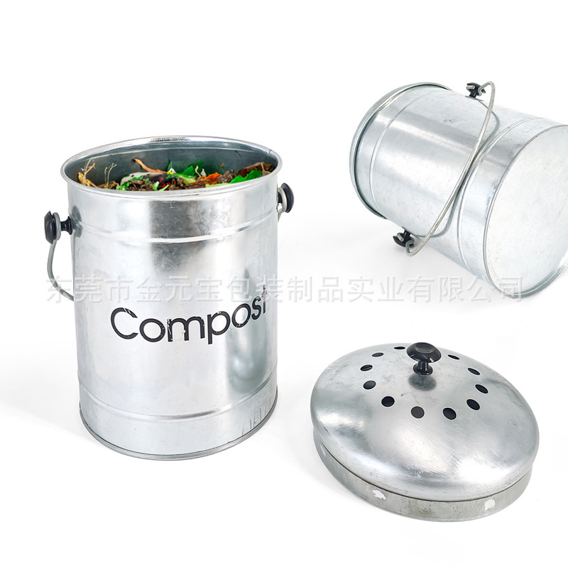 Factory Direct Sale Tin-Plated Iron Kitchen Waste Composting Bin with Clear Printing, Practical Design with Lid and Filter Holes, Anti-Odor and Insect-Proof