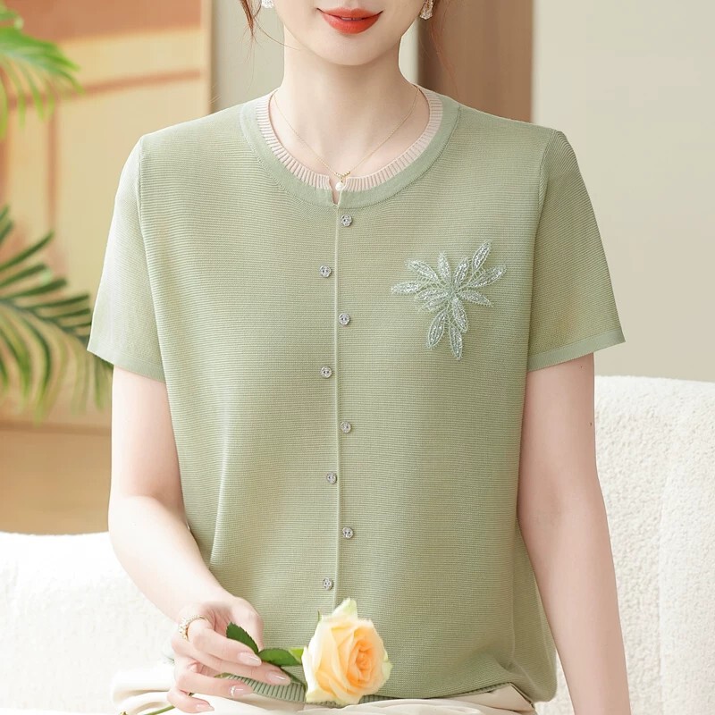 100% Lyocell Tencel Mom's Summer Knit Short-Sleeve Top, Stylish Middle-Aged Elegant Lady T-Shirt Set 100% Lyocell Tencel Mom's Summer Knit Short-Sleeve Top, Stylish Middle-Aged Elegant Lady T-Shirt Set