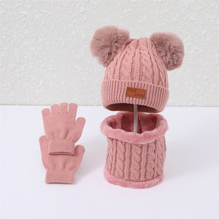 Autumn and winter warm wool hat boys and girls ear protection hat cute velvet baby hat scarf gloves three-piece suit