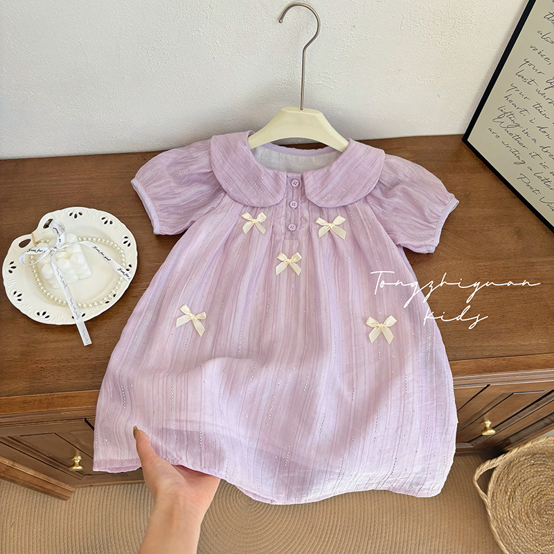 Girls Summer New Purple Fine Glitter Bow Dress Baby Girl Casual Fashion Fashionable Quality Children's Clothing Trend