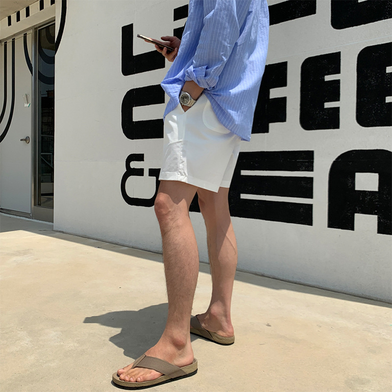 Men's white shorts, summer casual washed cotton pants, Korean style, trendy, high-end, versatile straight leg five-point pants.