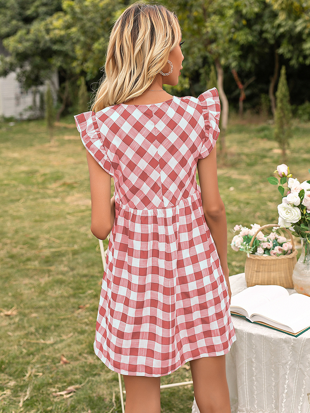 Summer Women Clothing Plaid Flying Sleeves V Neck Tight Waist Dress Women
