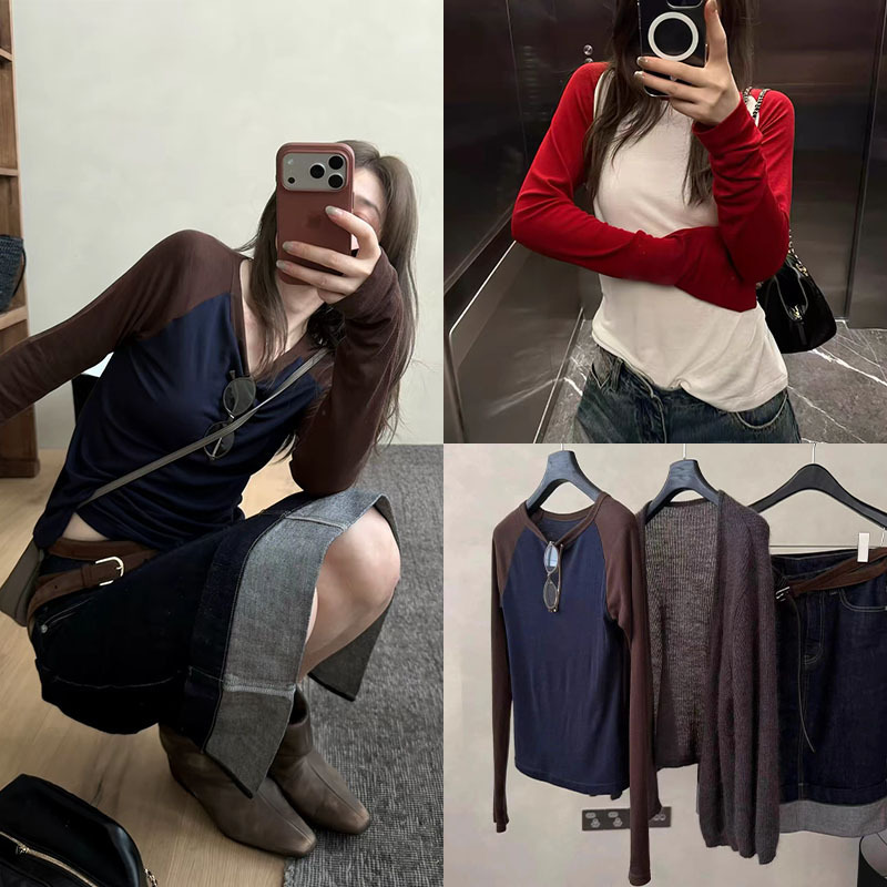 FanShun·XH Korean-style round-neck color-blocked raglan long-sleeve T-shirt, Dongdaemun autumn new Tencel wool top for women