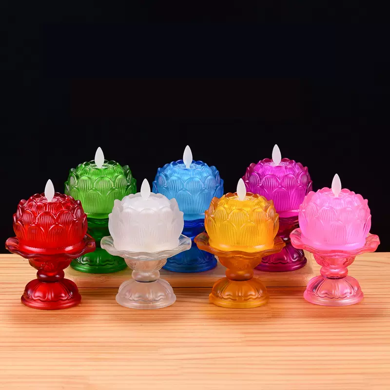 七彩琉璃莲花灯蜡烛灯长明灯电池供灯佛灯酥油灯烛台灯座佛具用品