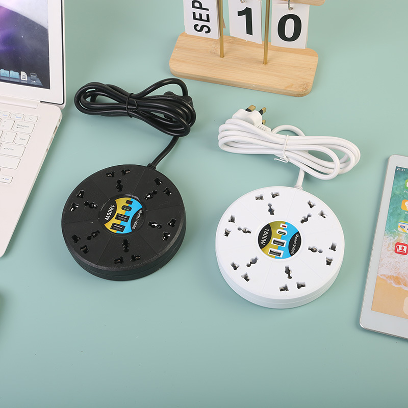 Placa de enchufe de comercio exterior redonda de 6 bits 2USB + 1Tipo-C con lámpara en blanco y negro, bolsillo neutro estándar estadounidense estándar británico estándar europeo