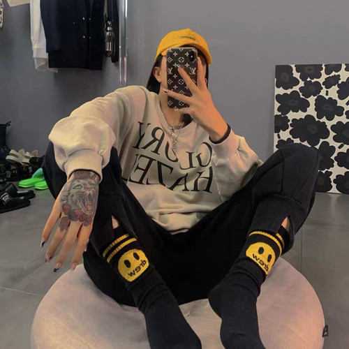 European and American trendy socks Justin Bieber's same style smiling face street sports trendy brand mid-calf socks ins men's and women's pure cotton socks