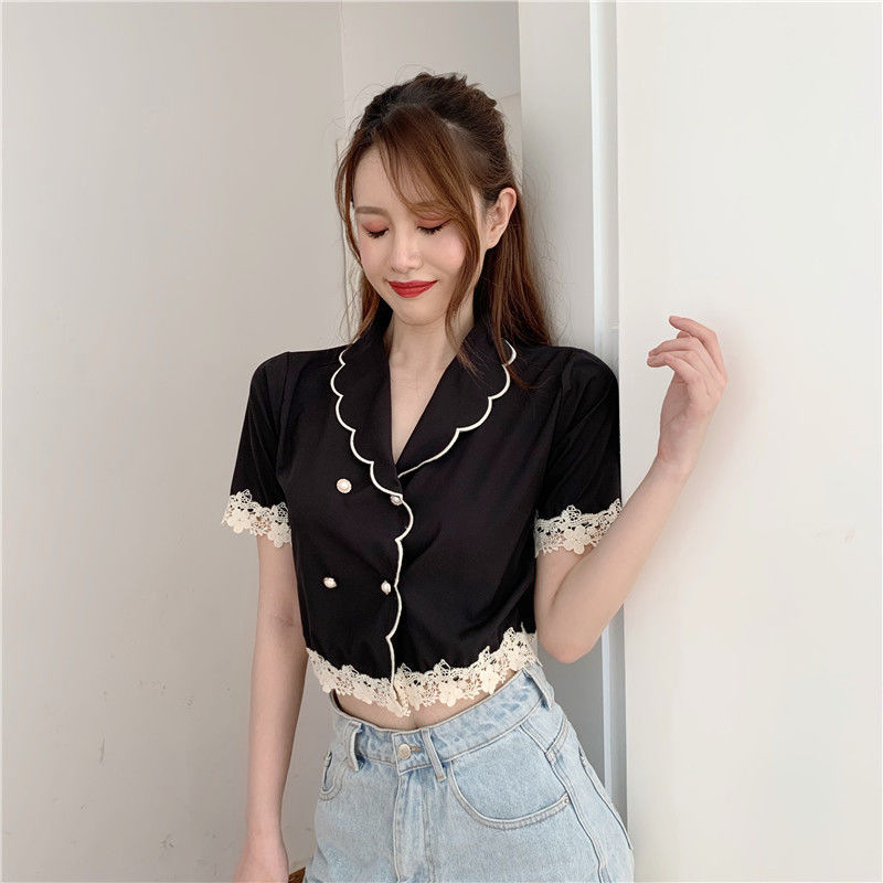 summer 2021 new pattern Sweet Lace Doll collar Self cultivation Show thin Little Short sleeved Sweater jacket Women's wear