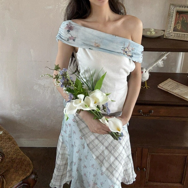 松弛感高弹多穿一字肩荡领满印抹胸修身褶皱T恤短袖女+半身裙套装|undefined