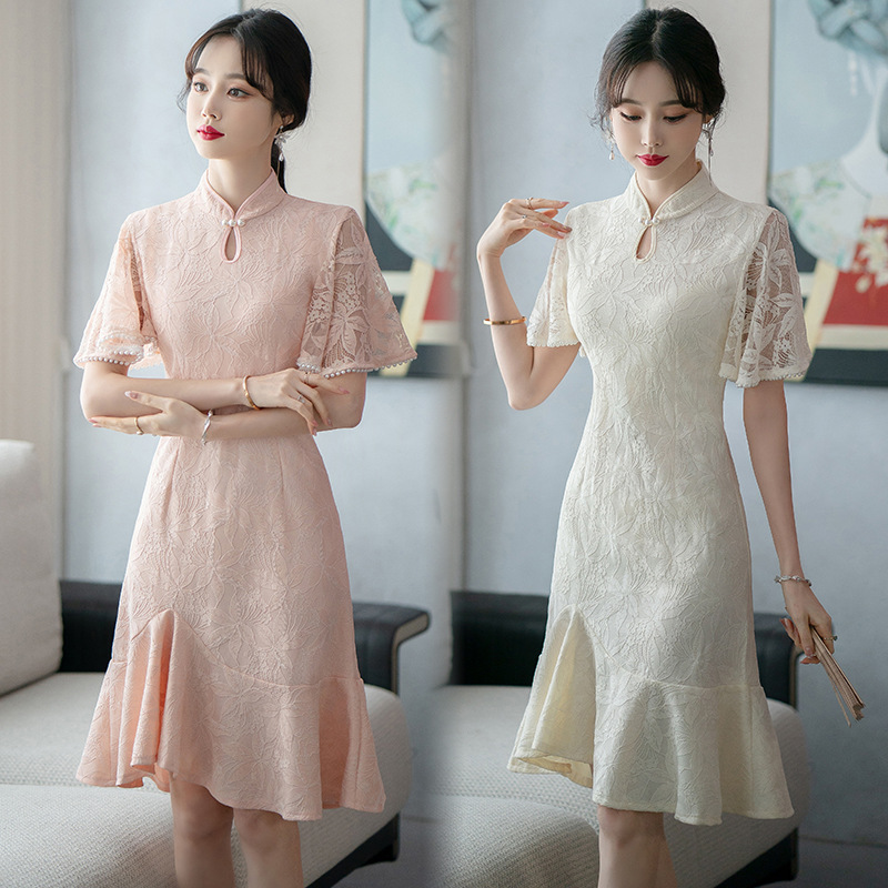 Real Shot of New Chinese Style Lace Cheongsam for Women, New Summer Young Girl's Improved Fishtail Skirt Daily Dress