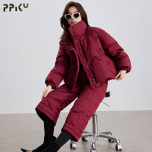 2025冬季保暖95白鹅绒立领羽绒服套装女 高级感七分羽绒裤潮批发