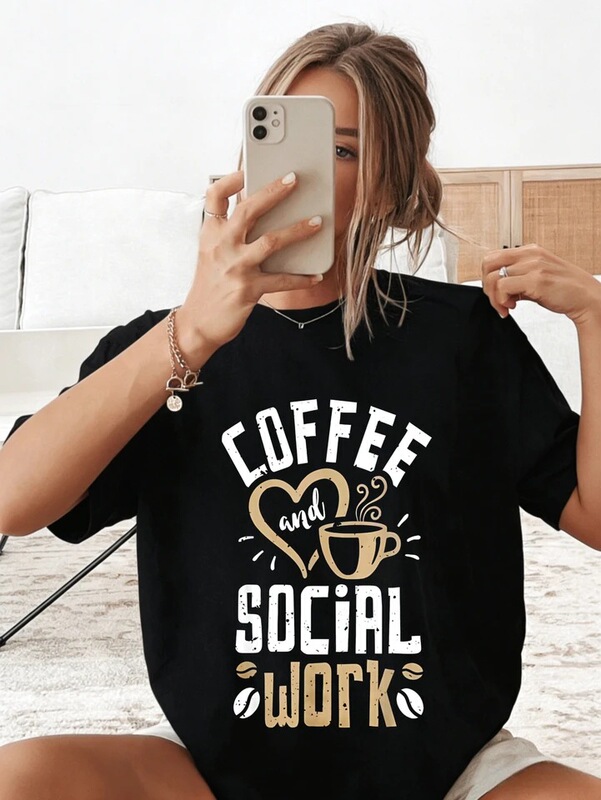 Women's Cotton Funny Coffee and Social Work Print T-Shirt - Casual Short Sleeve Summer Daily Wear Gift for Her