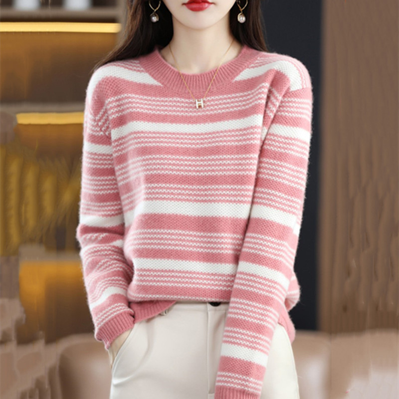 Otoño e invierno nuevo jersey suéter suave de las mujeres del todo-fósforo de las mujeres sueltas cuello redondo contraste color rayas suéter bottoming top