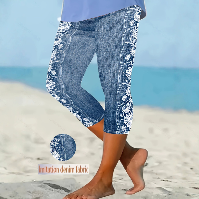 Imitation Denim Print Cropped Leggings Women's Stretch Slim Fit Summer Casual Pants Beach Vacation Style Imitation Denim Print Cropped Leggings Women's Stretch Slim Fit Summer Casual Pants Beach Vacation Style