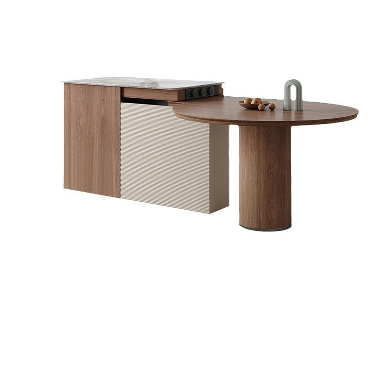 Mesa de mesa de mesa de mesa de mesa de isla todo en uno, mármol retráctil para el hogar, grano de madera de nogal negro, lujo ligero, sensación de alta gama, mesa de comedor caída