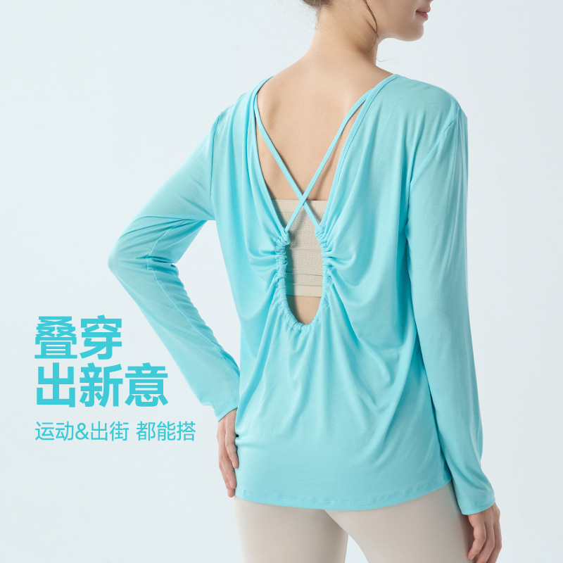 Lyocell Sports Long-Sleeved T-Shirt with Hollow Back, Thin Design, Cross-Over Style, Loose and Lazy Yoga Wear for Women