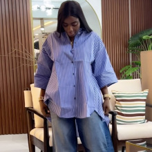 欧美跨境女装2025夏季新款时尚蓝色条纹长袖衬衫宽松显瘦长袖上衣