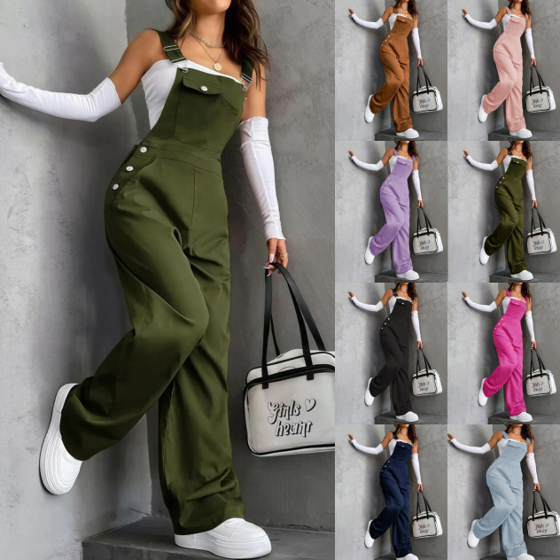 Amazon 2025 European and American Retro Pocket Solid Color Straight-Leg Workwear Overalls Loose Fashion Casual Pants for Women