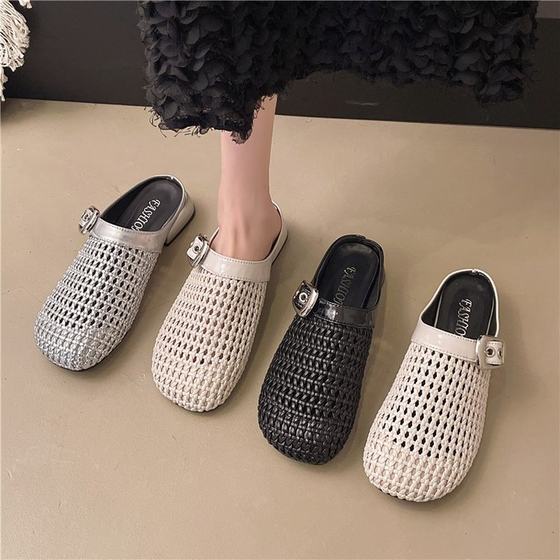 2025 Summer New Leather Square Head Baotou Outer Wear Half-Slip Belt Buckle Woven Lazy Sandals for Women