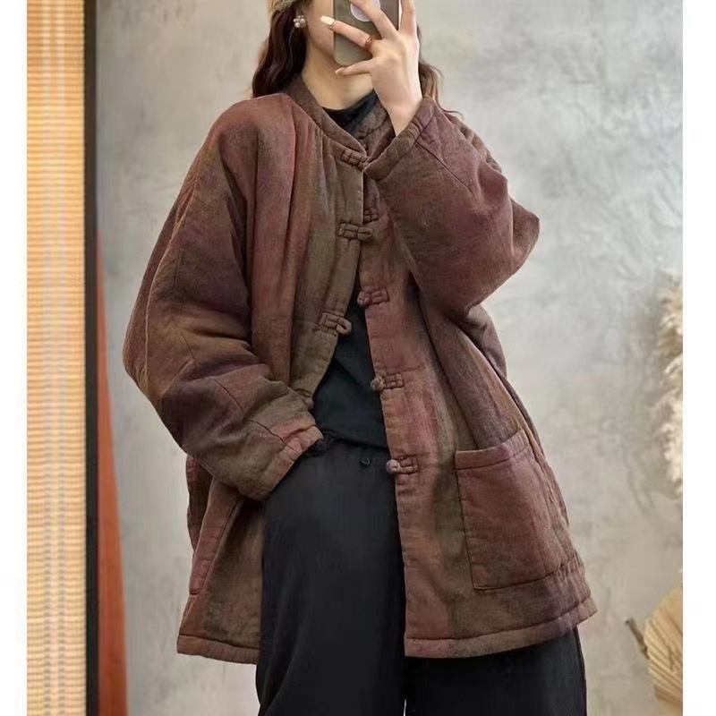 复古印花夹棉加厚棉袄外套女2025年冬季新款宽松休闲舒适保暖棉服|undefined