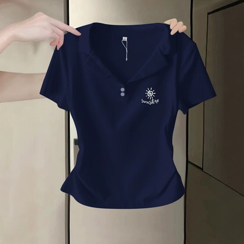 Navy Blue Polo Collar Short-Sleeve T-Shirt for Women, Summer Korean Style, Slim-Fit, Waist-Cinching, Slimming, Short Top Navy Blue Polo Collar Short-Sleeve T-Shirt for Women, Summer Korean Style, Slim-Fit, Waist-Cinching, Slimming, Short Top