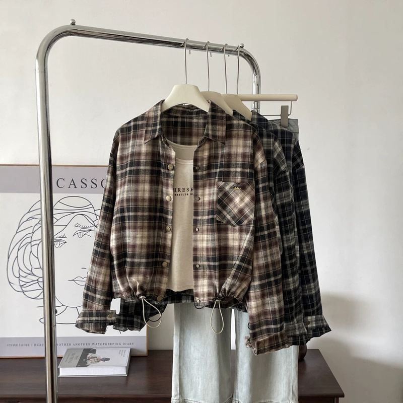 French-style high-end vintage plaid collared long-sleeve women's shirt, spring, autumn, winter design, niche top 7797 French-style high-end vintage plaid collared long-sleeve women's shirt, spring, autumn, winter design, niche top 7797