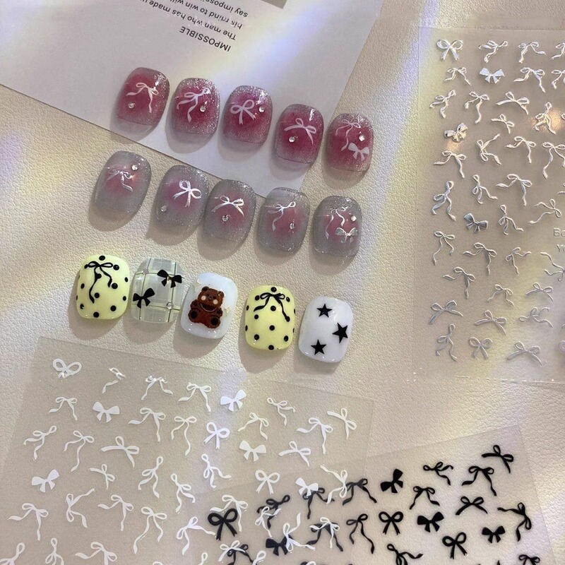 Ribbon Bow Nail Sticker Internet Celebrant Popular Black and White Japanese Style Simple Nail Sticker Nail Accessories