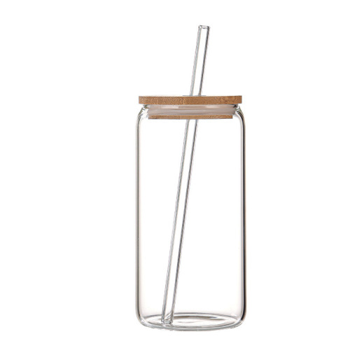 Amazon 16oz Cola Cup with Borosilicate Glass Straw Cup Bamboo Lid Transparent Mason Tea Drink Cup Customization