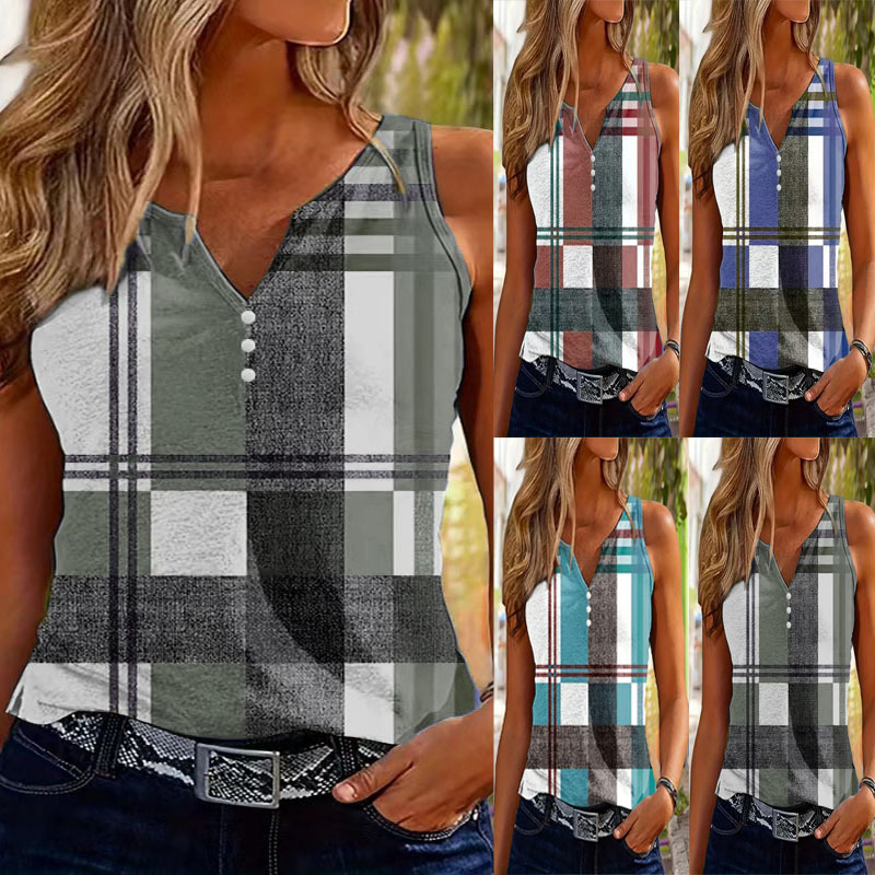 Women's Plaid Print Color-Block Tank Top, Loose Fit Sleeveless Summer Casual Vest, Breathable Milk Silk Blend Fabric_ecoleips.com