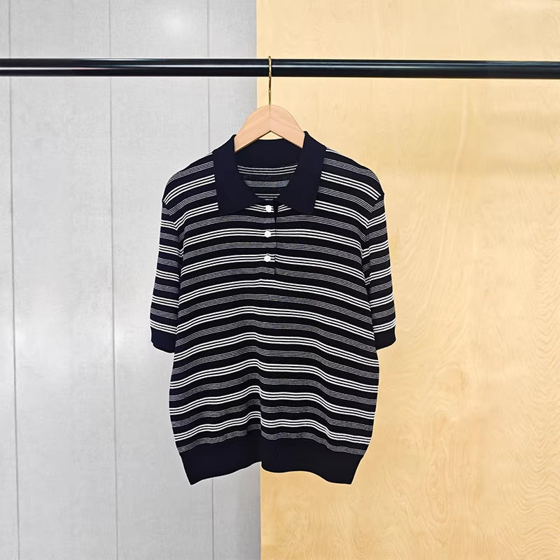 Striped Polo Collar Silk Cotton Pullover Knitwear Casual Women's Wear 2026 Spring New High-End Short-Sleeved Top