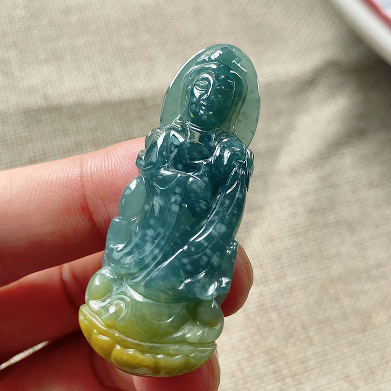 Emerald pit Ice waxy kind Blue Water Huang Fei Dual color a buddism godness guanyin Pendant manual Carved wholesale certificate
