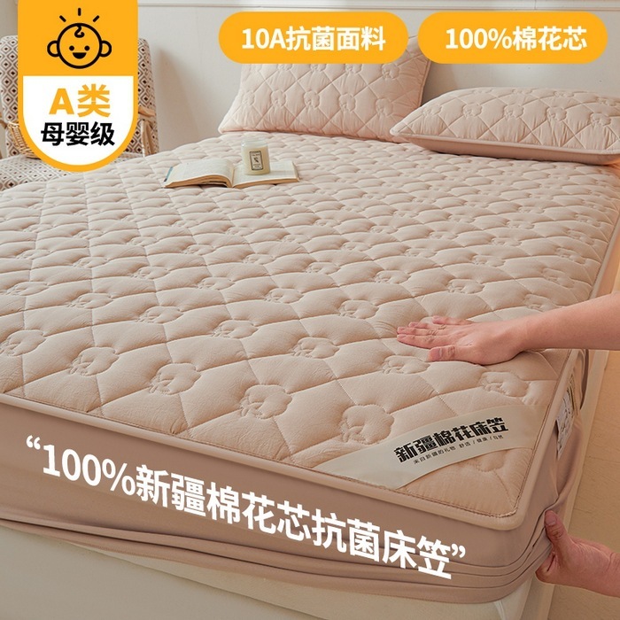 2025新款A类抗菌100%新疆棉花填充夹棉床笠母婴级床笠单件纯色床|undefined