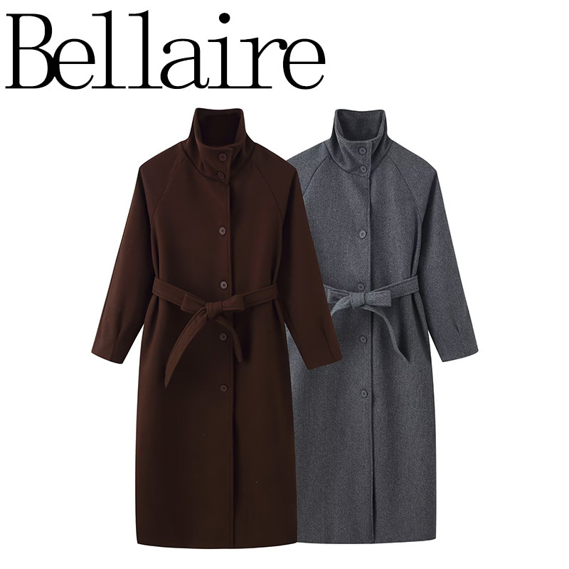 Za Foreign Trade Wholesale European and American Style French Fashion Versatile Women's Clothing Stand Collar with Belt Long Woolen Coat