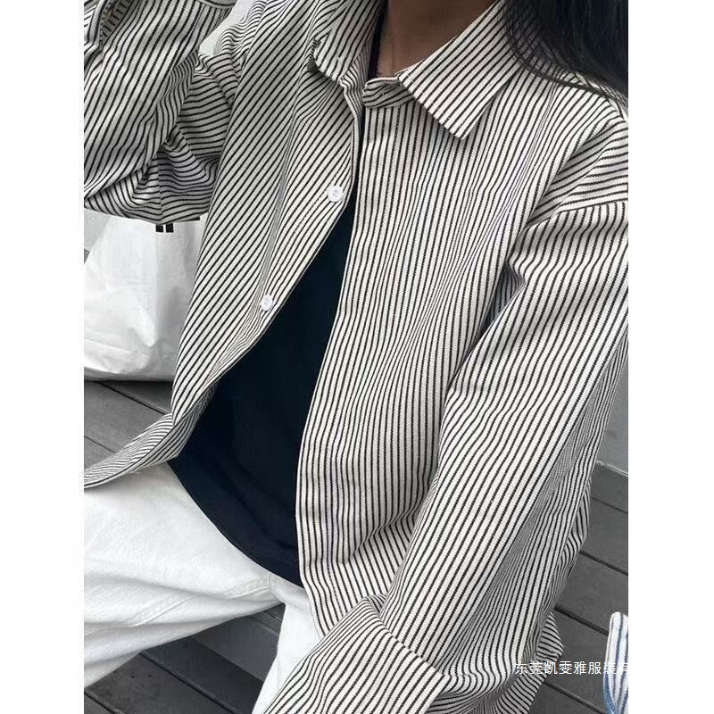 Heavyweight Korean-Style Black and White Retro American-Style Shirt, Fashionable and Versatile, Spring and Autumn Long-Sleeve Jacket, Unisex Striped Loose Shirt