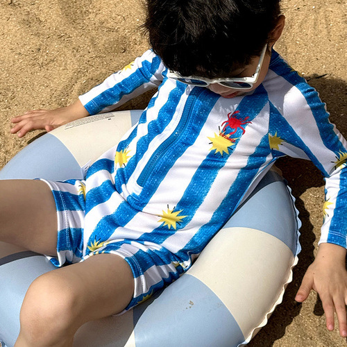 Summer Children's Long-Sleeve One-Piece Swimwear for Boys and Girls, Cute Crab Style Hot Spring Vacation Quick-Dry Swimsuit