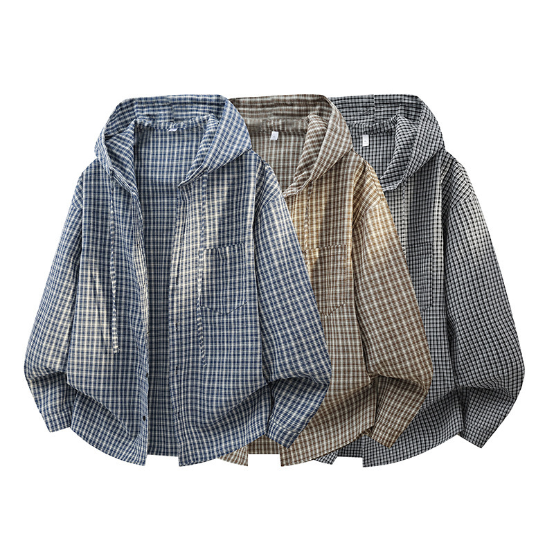 Cross-Border New Style Hooded Plaid Shirt Men's Long-Sleeved Japanese Style Casual Loose Jacket Style Trendy Brand