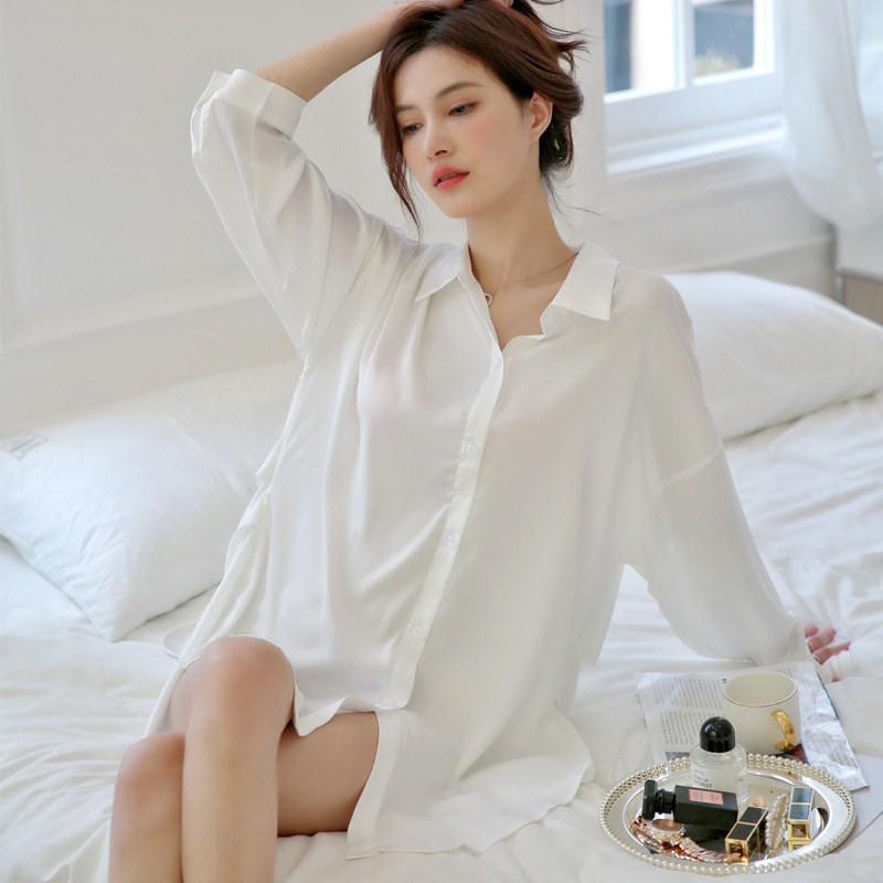 Pijamas de primavera y otoño delgados de manga larga novio en línea estilo camisa de hielo sexy camisa de verano seda real