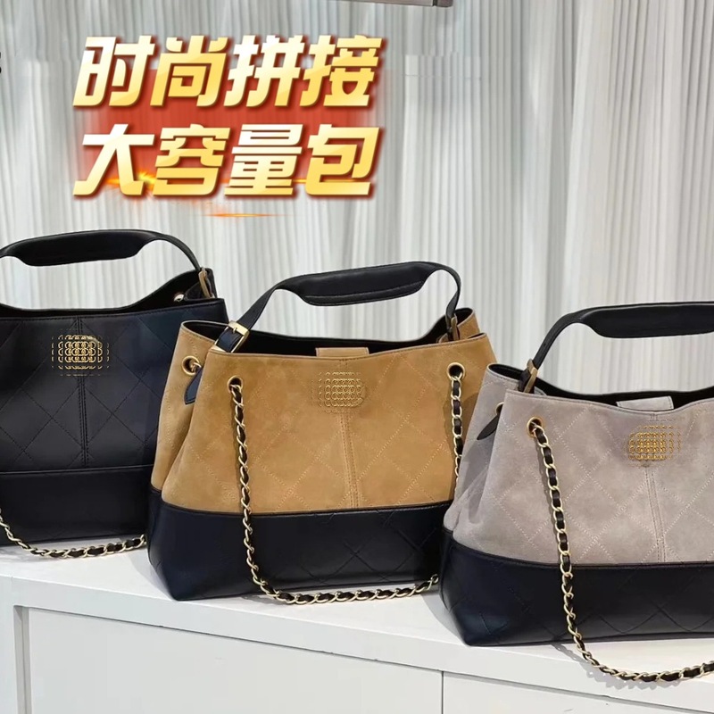25A Suede Color-Blocked Hobo Black Lambskin Retro Distressed Hardware Hand-Held Shoulder Bag Shopping Bag Dropshipping