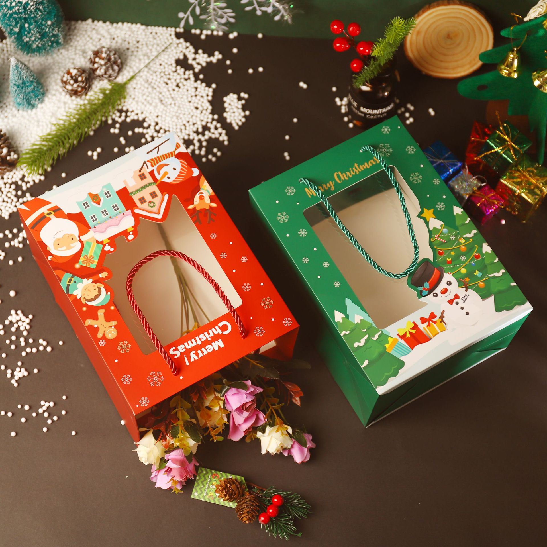 圣诞手提袋子透明开窗纸袋批发卡通圣诞包装礼物袋子 圣诞礼品袋