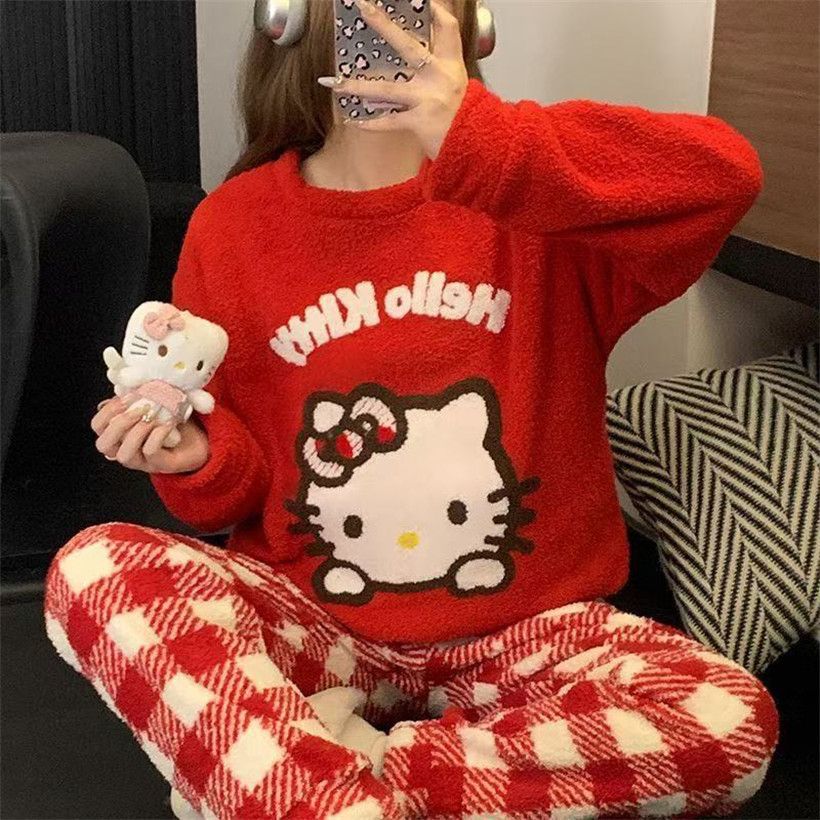 Al por mayor transfronterizo otoño y invierno rojo grueso calentamiento mitad de camisa de terciopelo pijama de mujer encantadora dulce dibujos animados cómodo abrigo para el hogar