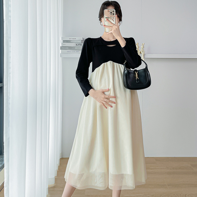 Real Shot of Maternity Wear Long-Sleeved 2025 Spring & Fall Dress Mid-Length Skirt Chiffon Skirt Round Neck Long Skirt Outer Mesh Skirt