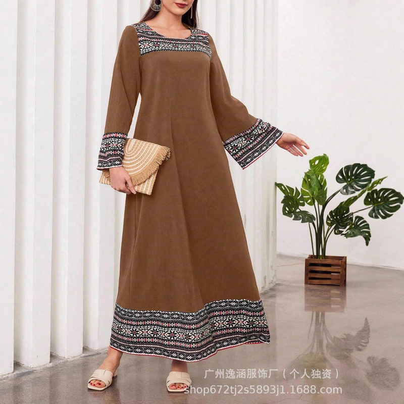 Directly Supplied from the Manufacturer, Abaya Ethnic Style Printed Patchwork Round-Neck Robe, Simple Dress for European and American Cross-Border Markets