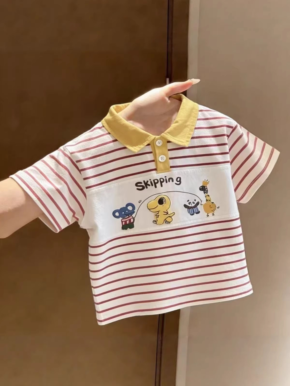 2026 Summer New Pure Cotton Korean Style Striped Polo Shirt T-Shirt for Boys and Girls with Cute Cartoon Patchwork and Turn-Down Collar